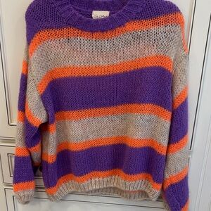 Cozy Striped Crewneck Sweater - Purple, Orange & Cream